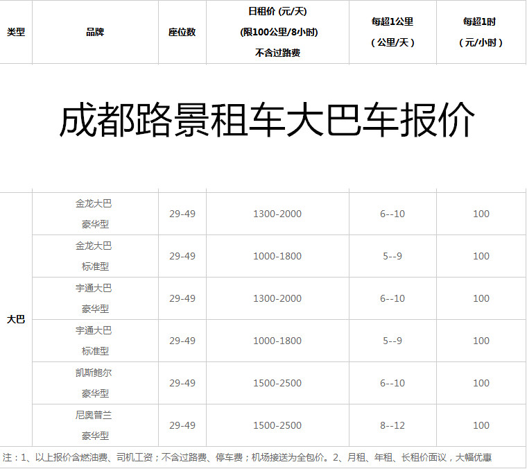 成都大巴車租車價格表